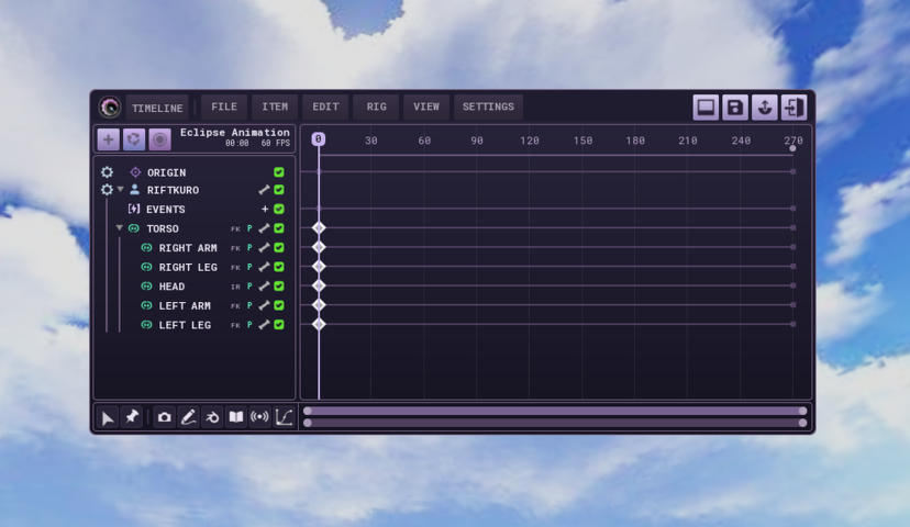 Official Eclipse Animator timeline with rig tracks, event track and keyframes